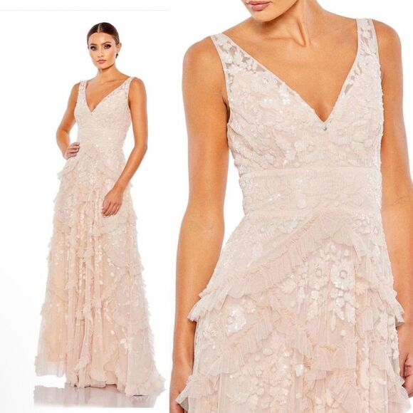 Mac Duggal 9162 Pink Ruffle Sequined Scallop Gown Dress Maxi. Bridal 12 NWT $798
